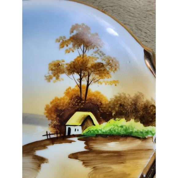 Nippon Bowl w/ Handle Cottage Landscape 7" Gold Trim 1891 - 1921 Hand Painted - Picture 8 of 13